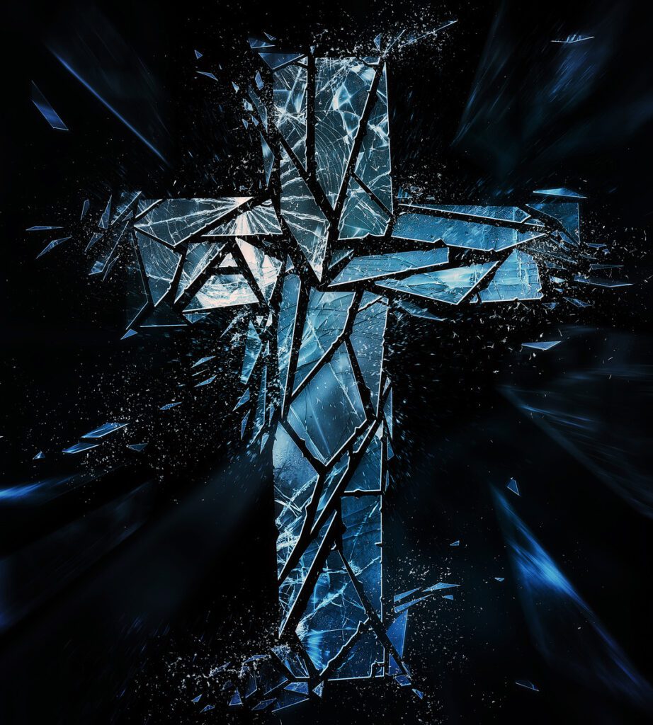 A cross made of glass with blue and black colors